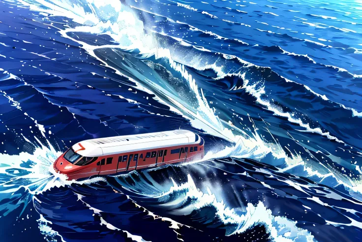 In the sea、A transparent tube laid on the seabed、A train runs through、Red and silver bullet train、Express train running in the sea、Angle from above、