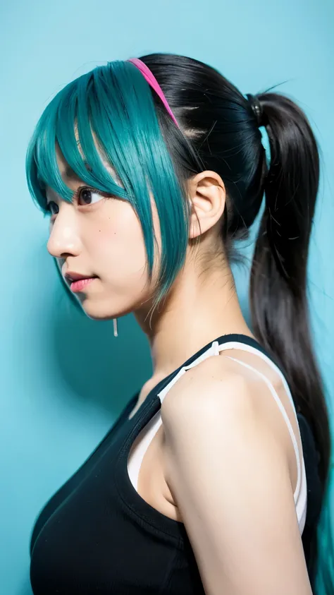 Hatsune Miku、Real、Official Costume、Upper Body、profile、White sony headphones、Simple Background