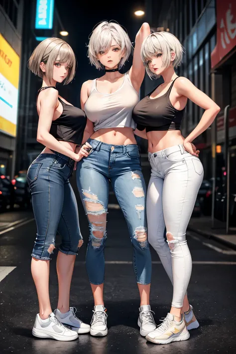 Women, asymmetrical short hair, silver ash coloured hair, white and wet tank top, big breasts, thick sized body, short dark blue coloured jeans, sneakers shoes, standing, arm up, night club, looking at viewer, High Resolution, High Quality, 