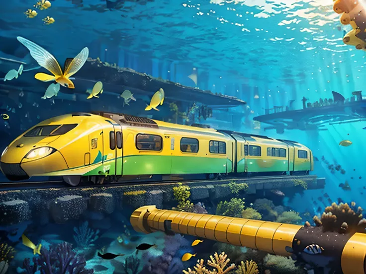 Express train runs through a transparent tube under the sea、Marine Express、Yellow and black