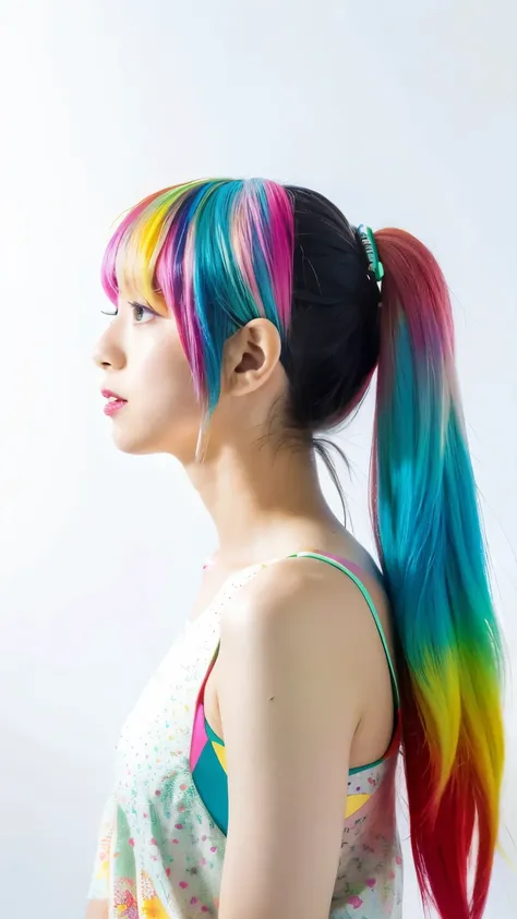 Hatsune Miku、Real、Official Style、Upper Body、profile、A colorful parakeet perches on your head、Simple white background