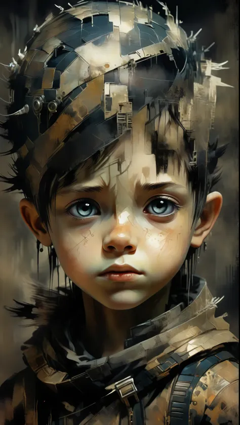 Intricate and detailed portrait of a young boy., Fantasy character design, cyberpunk, Dark and moody lighting:1.5, spectacular chiaroscuro lighting, film compositionAshley Wood style, sandy grunge texture, sharp focus, hyper detailed, 8K, (The best quality...