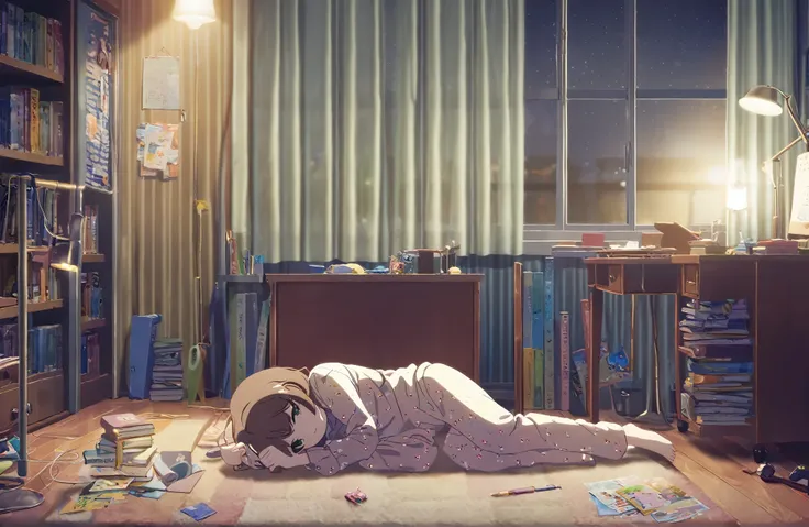 1 Girl，night，Small floral pajamas，Brown hair，Green eyes，floor，window，curtain，desk，bookcase，night，desk lamp，Local lighting，Movie lighting，Sense of atmosphere，Do homework，Squint，Sleepy，Delicate face