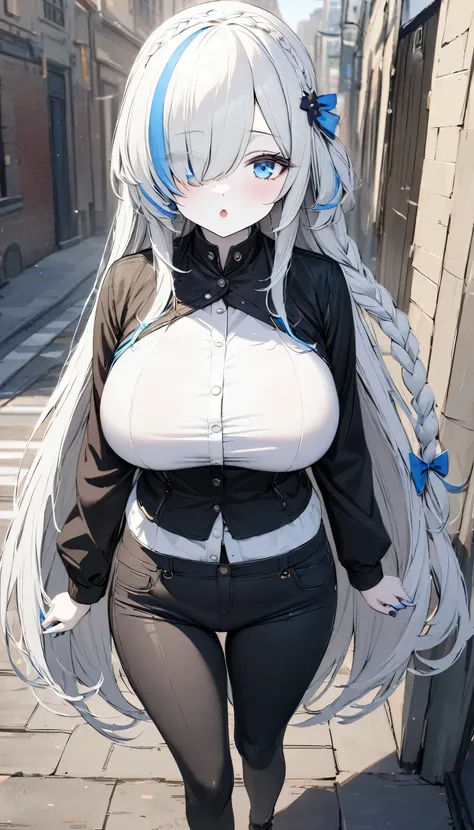 masterpiece, high quality, high detail, 4k, rtx, high resolution,1girl, blue_streaked_hair,hair_over_one_eye, blue_eyes,very long hair,braid,white hair_ornament,pale skin,blue nail_polish, solo,long sleeves,top, trousers,: o,cute face,(pov:1.2),(facing vie...