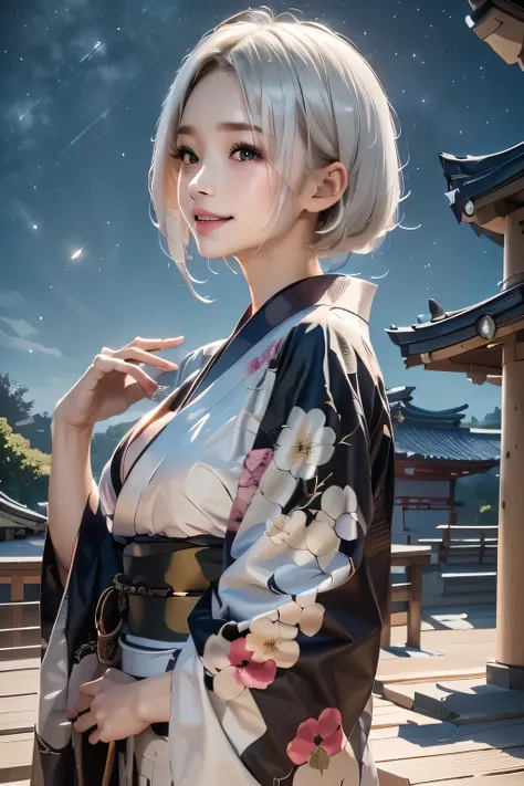 masterpiece, best quality, highly detailed, 1girl, white hair, face: sweet girl, laugh kimono, black kimono, casual kimono style...