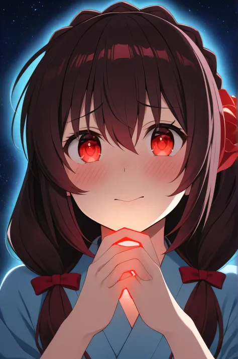 Alone, One person, Yunyun, (Mouth open)、 (Embarrassed look:1.8)、Crown braids of the same color as your hair, (Glowing red eyes:1.8)、(Eyes glow red:1.8)、Hair accessories,(Pale blue kimono with red floral pattern and red obi、Starry Sky、(Eyes glow red in the ...