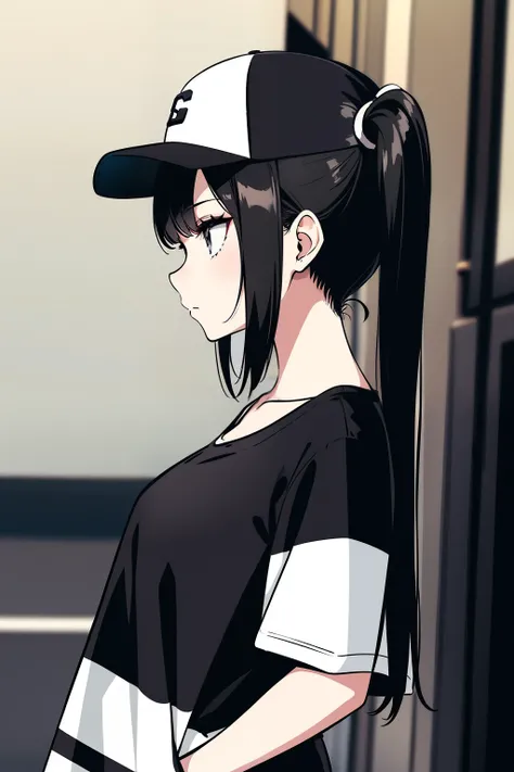 girl, profile, Black and White,Spicy Accessories,Sporty style, Casual T-shirts, A confident gaze, Monochrome color scheme, Look to the side, Chic street fashion, pose with hands in pockets,cap,Twin tails, Black Hair, 