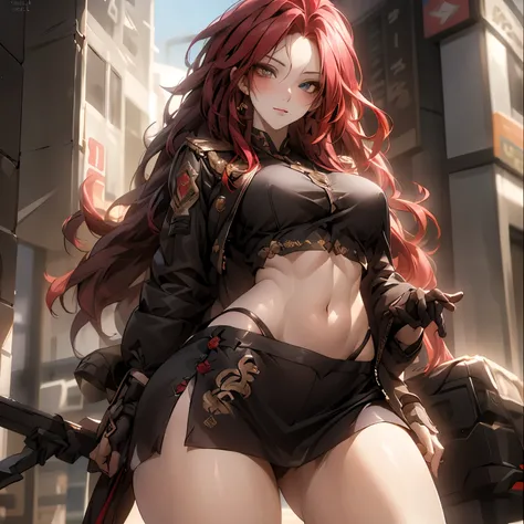 ((best quality)), ((Masterpiece)), (details:1.4), ((Enrich the picture，Masterpiece level quality)), Beautiful 8K CG artwork, 3d, HDR (high dynamic range), an image of a beautiful cyberpunk female, mature woman, future theme, cyberpunk, (( red hair, long ha...