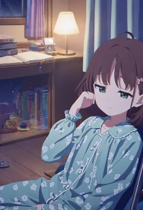 1 Girl，night，Small floral pajamas，Brown hair，Green eyes，floor，window，curtain，desk，bookcase，night，desk lamp，Local lighting，Movie lighting，Sense of atmosphere，，Squint，Sleepy，Delicate face