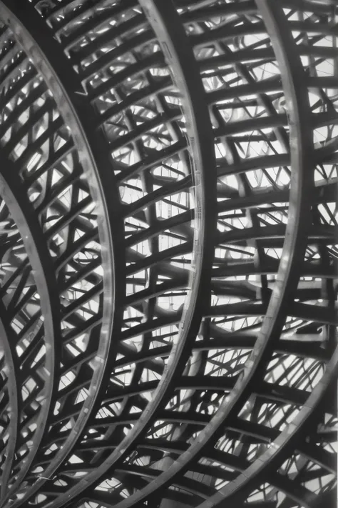 a black and white photo of a large metal structure, Retail structure, Mesh structure, bernd and hilla becher, inspired by Alexander Rodchenko, inspired by Thomas Struth, inside a dome, Turner. Piranesi. Macro-Lens, Perfect structure, Circular shapes, by Al...