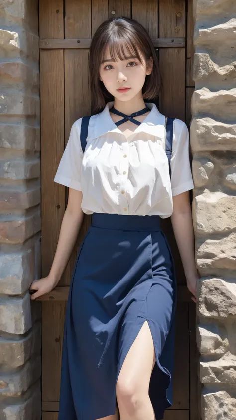 A cute girl is confined and tied up、the best beauty、Make your eyes even、My hands are tied with ropes、Inside the mountain hut、White short-sleeved shirt、Navy semi-long skirt、Standing in front of a wall、Age 25、Medium build、Like real life、highest quality、