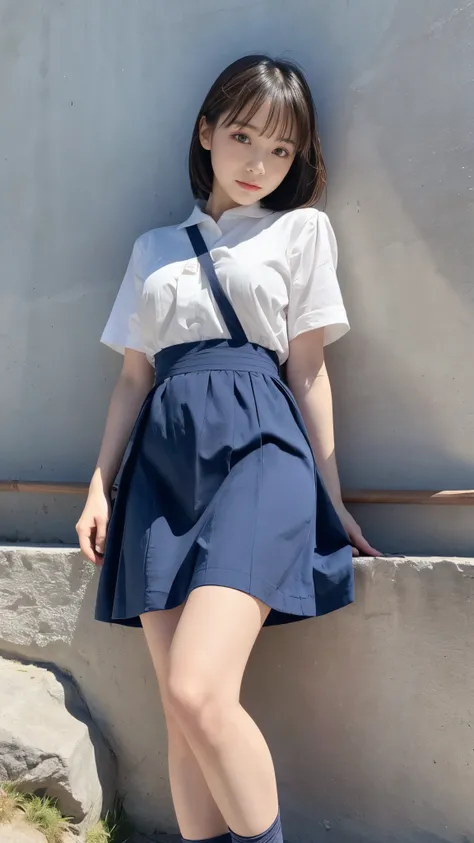 A cute girl is confined and tied up、the best beauty、Make your eyes even、My hands are tied with ropes、Inside the mountain hut、White short-sleeved shirt、Navy semi-long skirt、Standing in front of a wall、Age 25、Medium build、Like real life、highest quality、