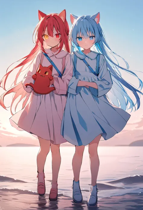 Heterochromia Blue Eyes Light Blue Eyes　Red cat ears　Holding a cat　uniform　girl　whole body　Light blue hair　Walking　Hugging someone with red eyes　Ocean Background　Sisters