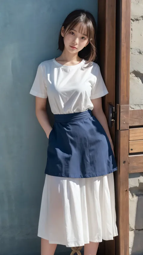 A cute girl is confined and tied up、the best beauty、Make your eyes even、My hands are tied with ropes、Inside the mountain hut、White short-sleeved shirt、Navy semi-long skirt、Standing in front of a wall、Age 25、Medium build、Like real life、highest quality、