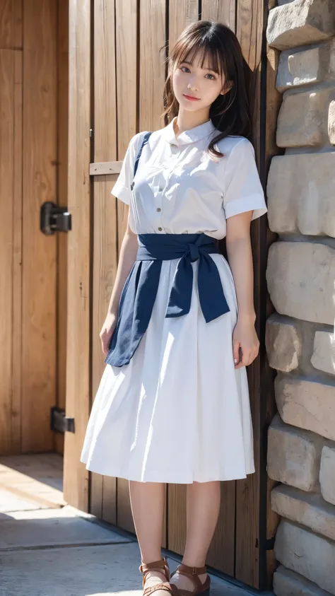 A cute girl is confined and tied up、the best beauty、Make your eyes even、My hands are tied with ropes、Inside the mountain hut、White short-sleeved shirt、Navy semi-long skirt、Standing in front of a wall、Age 25、Medium build、Like real life、highest quality、