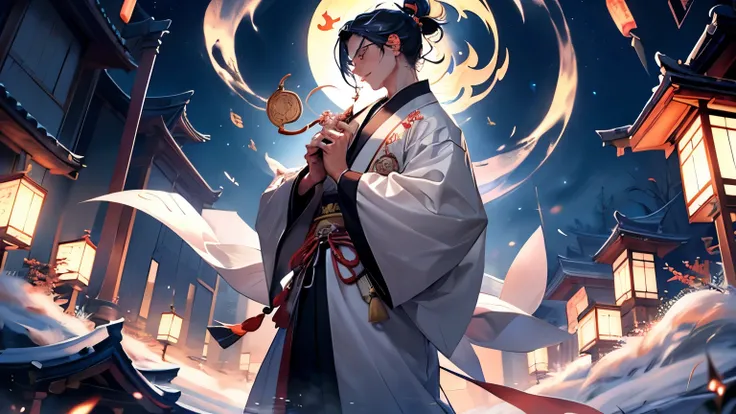 An ancient Japanese Onmyoji standing in front of a traditional temple, wearing a ceremonial robe with yin-yang symbols. He holds a paper talisman in one hand while performing a ritual. The background includes a night sky filled with stars, with a mystical ...