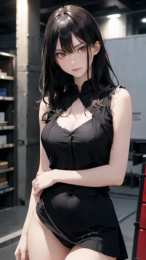 8k resolution,((The best quality)),Ultra high resolution,Adult women, alone, sexy, (Angry face), (red eyes), A beautiful one, symmetrical face, (long messy black hair,Hair covering the eyes), blouse with bare chest and waist.,vest, mini skirt ,realistic:1....