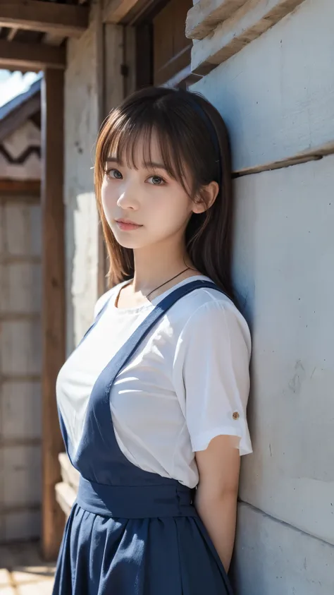 A cute girl is confined and tied up、the best beauty、Make your eyes even、My hands are tied with ropes、Inside the mountain hut、White short-sleeved shirt、Navy semi-long skirt、Standing in front of a wall、Age 25、Medium build、Like real life、highest quality、