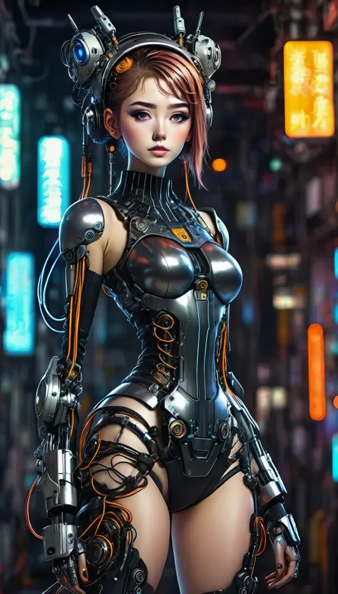 full body, anime girl .., linda chica cyborg, cybernetic parts, mechanical, neon lights cables, cyberpunk anime digital art, cyb...