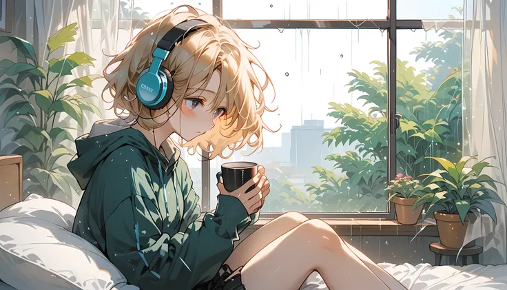 Lofi Song, sitting on the bed. looking at the window, having a coffee. listening to music on headphones, while looking out the window and seeing the rain falling