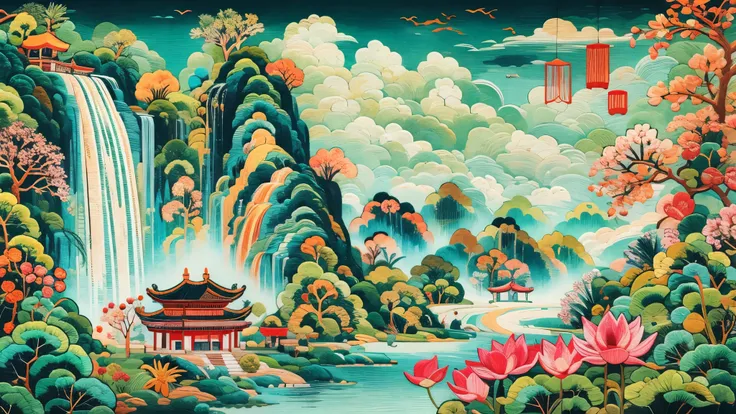 needlepoint，embroidery antique scene，phoenix，lotus，waterfall man，blue sky，white cloud，chinese landscape painting