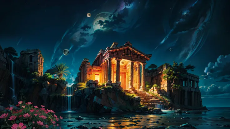 (artwork, :1.2), (high resolution, Abstract:1.1), Ultra Detail, Greek ruins, Ancient Greece, Ocean and pink flowers illuminated in front，Ultra Detailed, Milky Way sky with stars and extremely detailed moon, Waterfall from a black hole