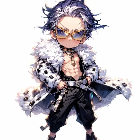 sunglasses、Anime boy character wearing black pants, Muscular Muscles, White leopard coat with white fur, Anime screenshots, Chibi Character, masterpiece, Best Quality, Highly detailed CG Unity 8k wallpaper, whole body