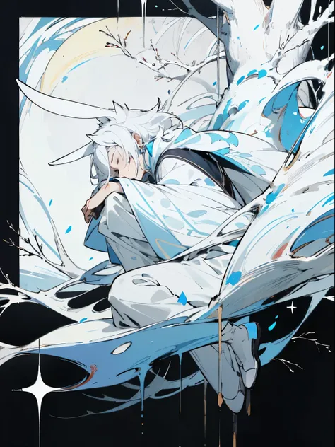 sharp lines, Blue, black and white are the main colors., male anime 2D, 2, snow white, White hair, has long white rabbit ears, hair covering eyes, hands relaxed, dark background with full moon, male is sitting on the tree sleeping, white costume, bottom up...