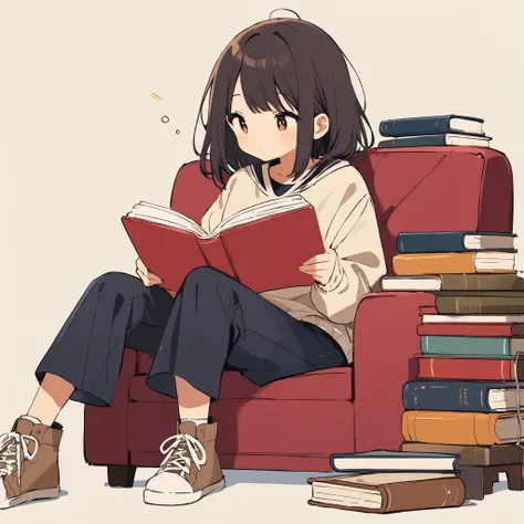 Books on a bookshelf、People who read books。Anime Style、Simple design