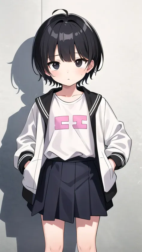 Black hair, short cut, kind face, modest personality, round head, sagging eyes, droopy eyes, girl, elementary school student, a little thin, jacket too big, white jacket, white T-shirt, pink miniskirt, black hair, bangs A little short, black eyes,flat ches...