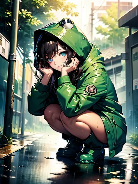 ((Seductive girl:1.3, solo:1.2))、((fusion of frog and girl:1.3))、((lowteen))、((raining:1.5))、((puddle))、((at the outdoor:1.3))、((crouching:1.4、head rest:1.3))、(green parka:1.5))、((hoodie))、((hooded))、((rain boots:1.2))、((wet clothes))、((looking down at vie...