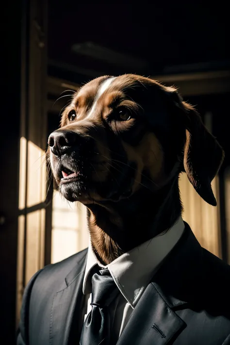 a dog in a suit, open mouth, smile, Gothic art, cinematic lighting, Portrait