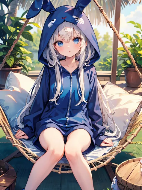 (8K, best quality, master piece: 1.2),super high resolution,1girl,solo,(chibi:1.4),ultra-detailed face,ultra-detailed eyes,blue eyes,pursing lips,(blue rabbit kigurumi costume:1.5),Round shag carpet under the hammock,(Sitting in a hammock:1.4),cute,hairs b...