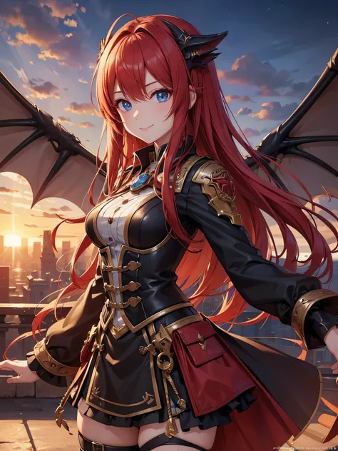 A red-haired girl with mechanical dragon wings,(16k,Ultra-high resolution,Best Quality,masterpiece,Very detailed,Extremely clear CG),Steampunk:1.3,A world filled with fantasy factories,Beautiful Blue Eyes:1.3,Smoggy sunset sky,Dragon flying in the sky,Very...