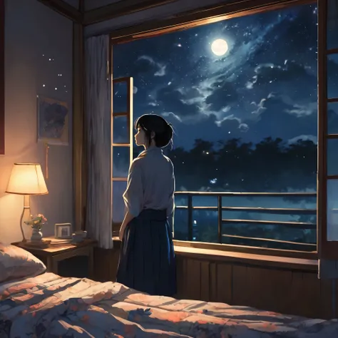 A Japanese female student stands alone in her dimly lit bedroom, tears streaming down her face as she gazes out the window at the night sky. Broken heart symbols float around her, while the silhouette of her love interest appears faintly in the stars. Soft...