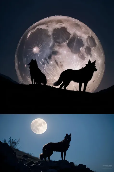 Silhouettes of a wolf and a werewolf on two separate mountains with the full moon in between, howling