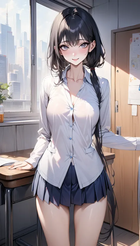 ((masterpiece,best quality anime:1.3,Best Quality)),realistic,cowboy shot,portrait,1woman,young adult,black hair,(low ponytail),long hair,(very small head),gray eyes,smile,(gorgeous big eyes),(very long body),medium breasts,(School制服,collared white shirt,N...