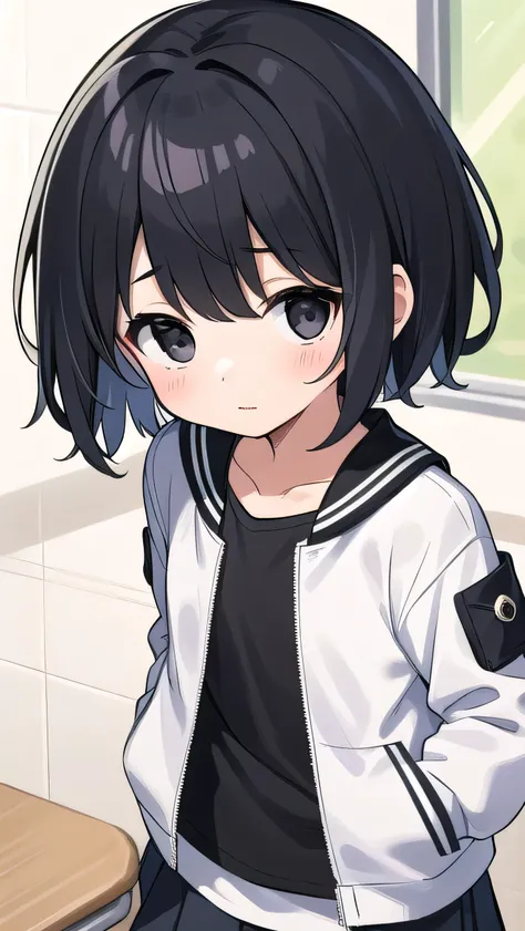 Black hair, short cut, kind face, modest personality, round head, sagging eyes, droopy eyes, girl, elementary school student, a little thin, jacket too big, white jacket, white T-shirt, pink miniskirt, black hair, bangs A little short, black eyes,flat ches...