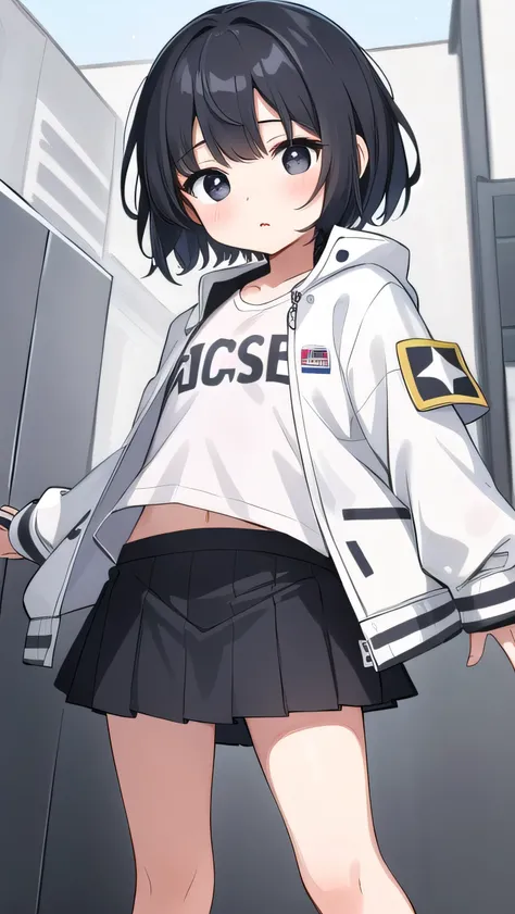 Black hair, short cut, kind face, modest personality, round head, sagging eyes, droopy eyes, girl, elementary school student, a little thin, jacket too big, white jacket, white T-shirt, pink miniskirt, black hair, bangs A little short, black eyes,flat ches...