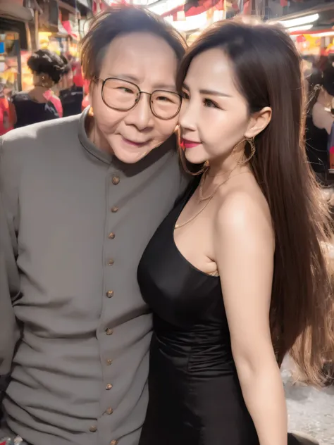 A beautiful woman wearing a revealing dress, kissing her elderly husband in the crowded market, UHD, masterpiece, textured skin, super detail, best quality, 8k.