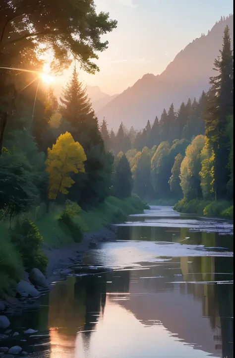 there is a river with a body of water surrounded by trees, beautiful and aesthetic, beautiful aesthetic, peaceful and serene, river gorgeous lighting, stunning nature in background, setting in nature, late summer evening, beautiful setting, beautiful dream...