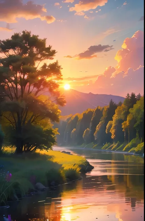 serene natural scenery, tranquil river, tall grass, wildflowers in the foreground, lush green trees, orange and pink sunset clouds reflecting on water, outdoor setting, peaceful atmosphere, soft natural lighting, warm color tones, capturing the calmness of...