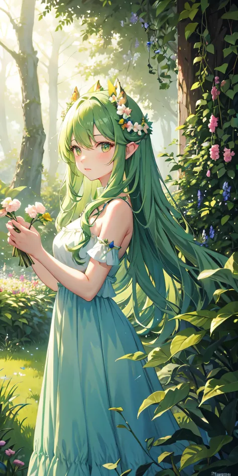 Forest Dryad, flowers, trees, the forest, dress of flowers, butterflies, green hair wavy 