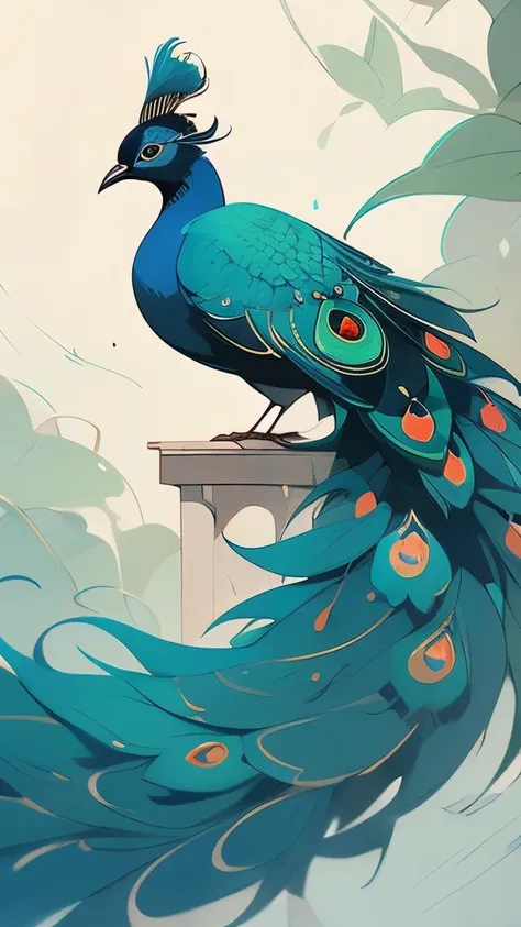 Illustration of a regal peacock with its feathers vividly rendered in shades of blue and turquoise. The bird is depicted in a proud posture, gazing into the distance with its detailed plumage fanned out in intricate patterns that mimic eyespots. The backgr...