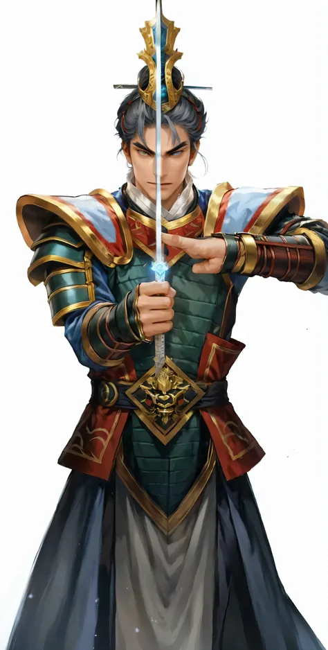 1 Oriental Sword Knight，Fine facial details，Face Focus，Head portrait，Black haierce，With cold eyes, he stared at the long sword in his hand，The blade of the long sword emits a blue glow，Gray lining，White collar，Cyan crown with gold edging，Jade hair，Two red ...