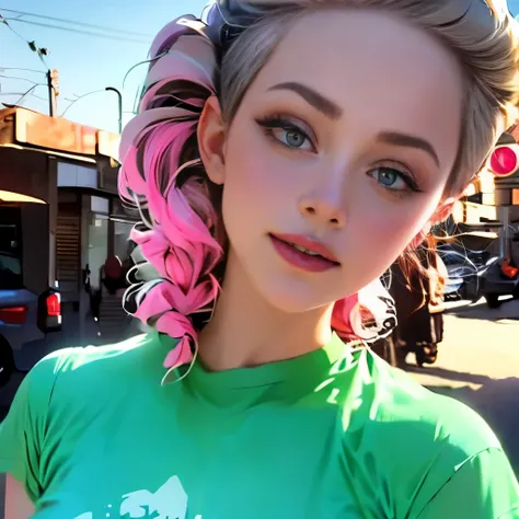 1girl, colorful theme, synthwave sky,(best quality, high quality, high resolution), realistic, ultra-detailed, highly detailed face features, absurdres,  realistic lighting and reflections, highly detailed face features, see through shirt, best photo,high ...