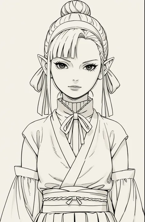 full shot of an anime character wearing short black and white hakamas, two ribbons {one at each side of her hairband}, white obi...