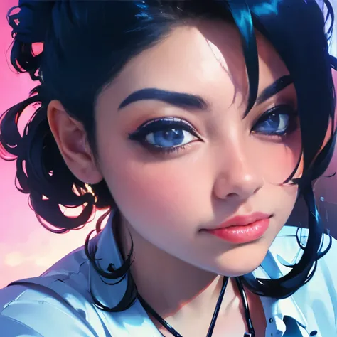 1girl, colorful theme, synthwave sky,(best quality, high quality, high resolution), realistic, ultra-detailed, highly detailed face features, absurdres,  realistic lighting and reflections, highly detailed face features, see through shirt, best photo,high ...