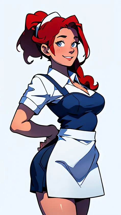 masterpiece, best quality, half body, highest image quality, waitress, looks like Olivia Dunne, bright red hair, ponytail, blue eyes, smiling, large breasts, wearing a waitress uniform, red apron, White background, empty background
