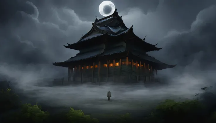 the temple, Night, fog, There is no moon., Mainly cloudy, horror, scary